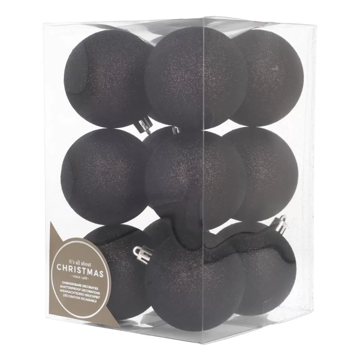 It's all about Christmas Christmas Baubles By Colour | Plastic Christmas Baubles-12 Black Glitter Christmas Baubles In Convenient Box