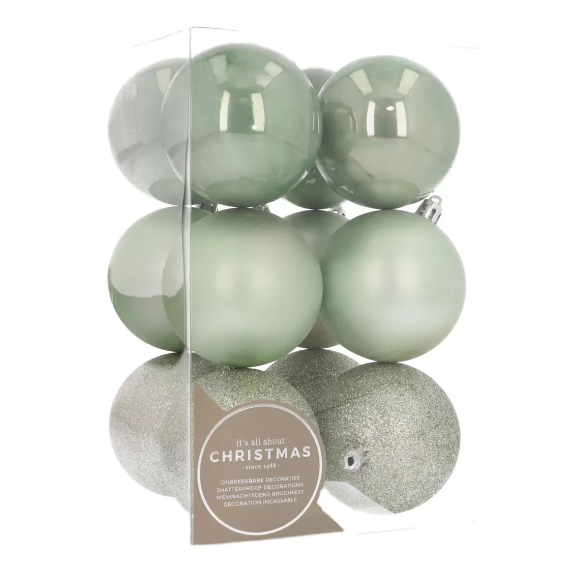 It's all about Christmas Christmas Baubles By Colour | Plastic Christmas Baubles-12 Shatterproof Christmas Baubles 7cm Eucalyptus