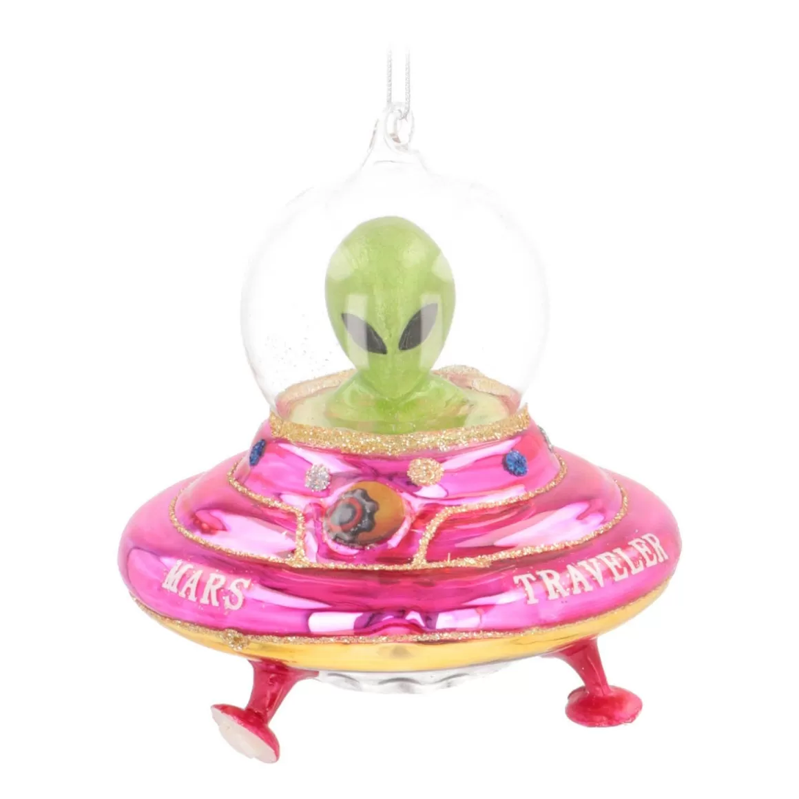 It's all about Christmas Christmas Ornaments-Alien In UFO Christmas Ornament | Glass | Pink-yellow-green | 12cm