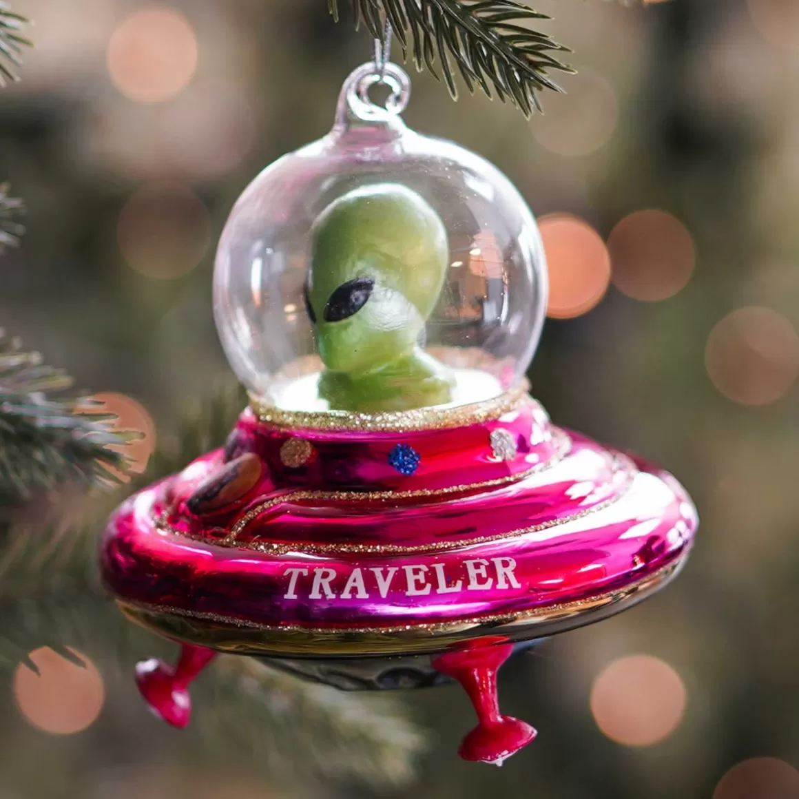 It's all about Christmas Christmas Ornaments-Alien In UFO Christmas Ornament | Glass | Pink-yellow-green | 12cm