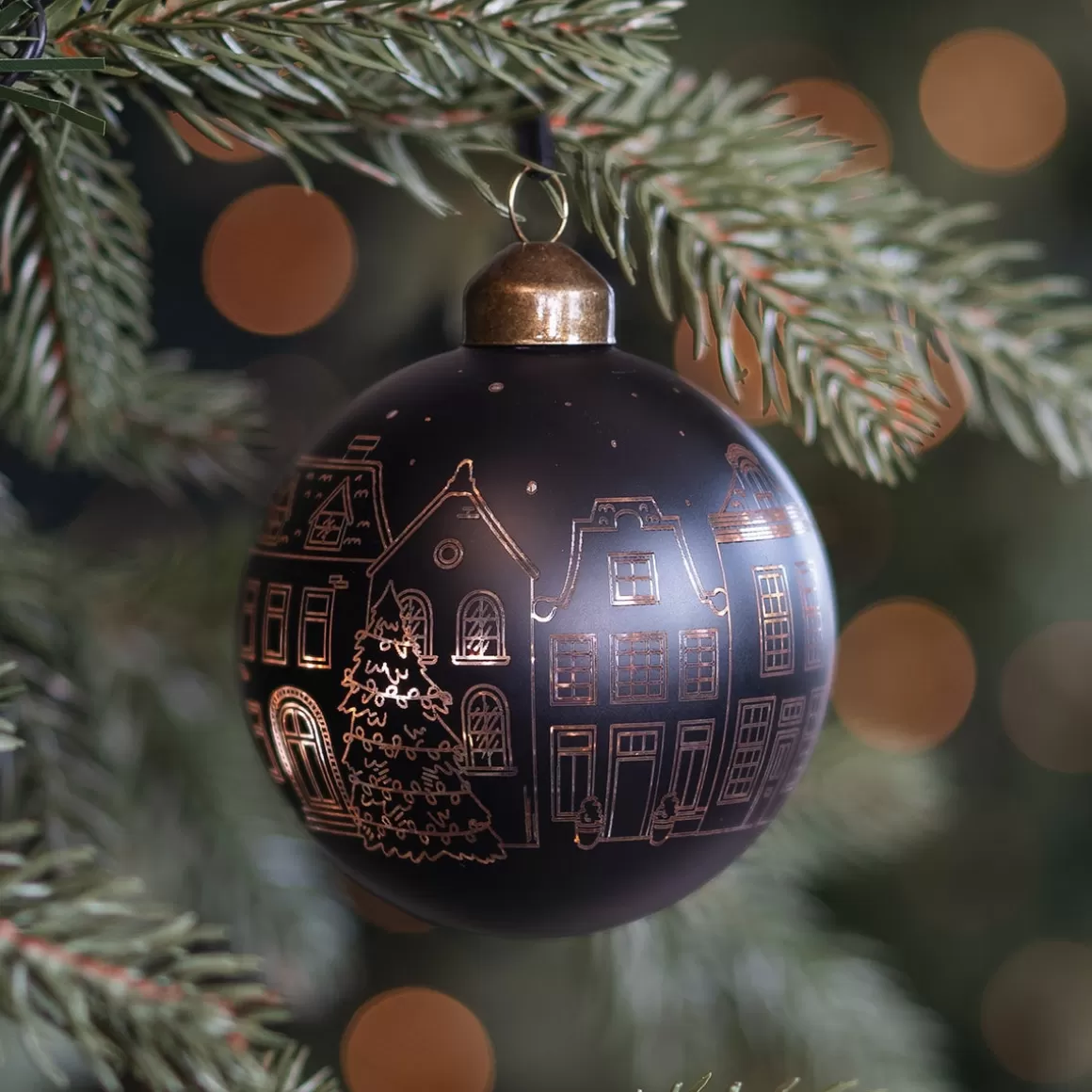 It's all about Christmas Christmas Baubles By Colour | Glass Christmas Baubles-Black Christmas Bauble With Cut-Out Houses