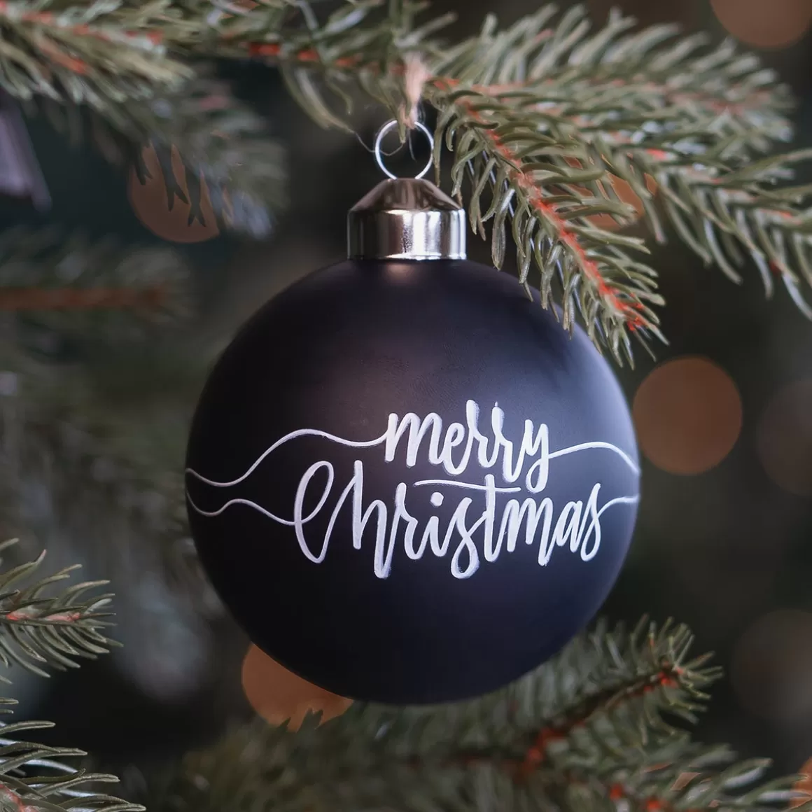 It's all about Christmas Glass Christmas Baubles-Black Christmas Bauble With 'Merry Christmas' Text