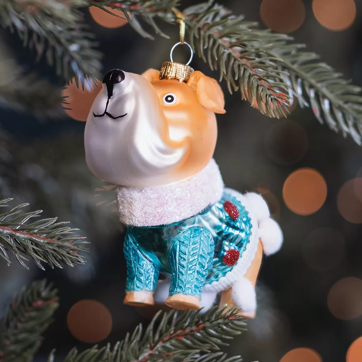 It's all about Christmas Christmas Ornaments-Bulldog Ornament With Blue Winter Sweater