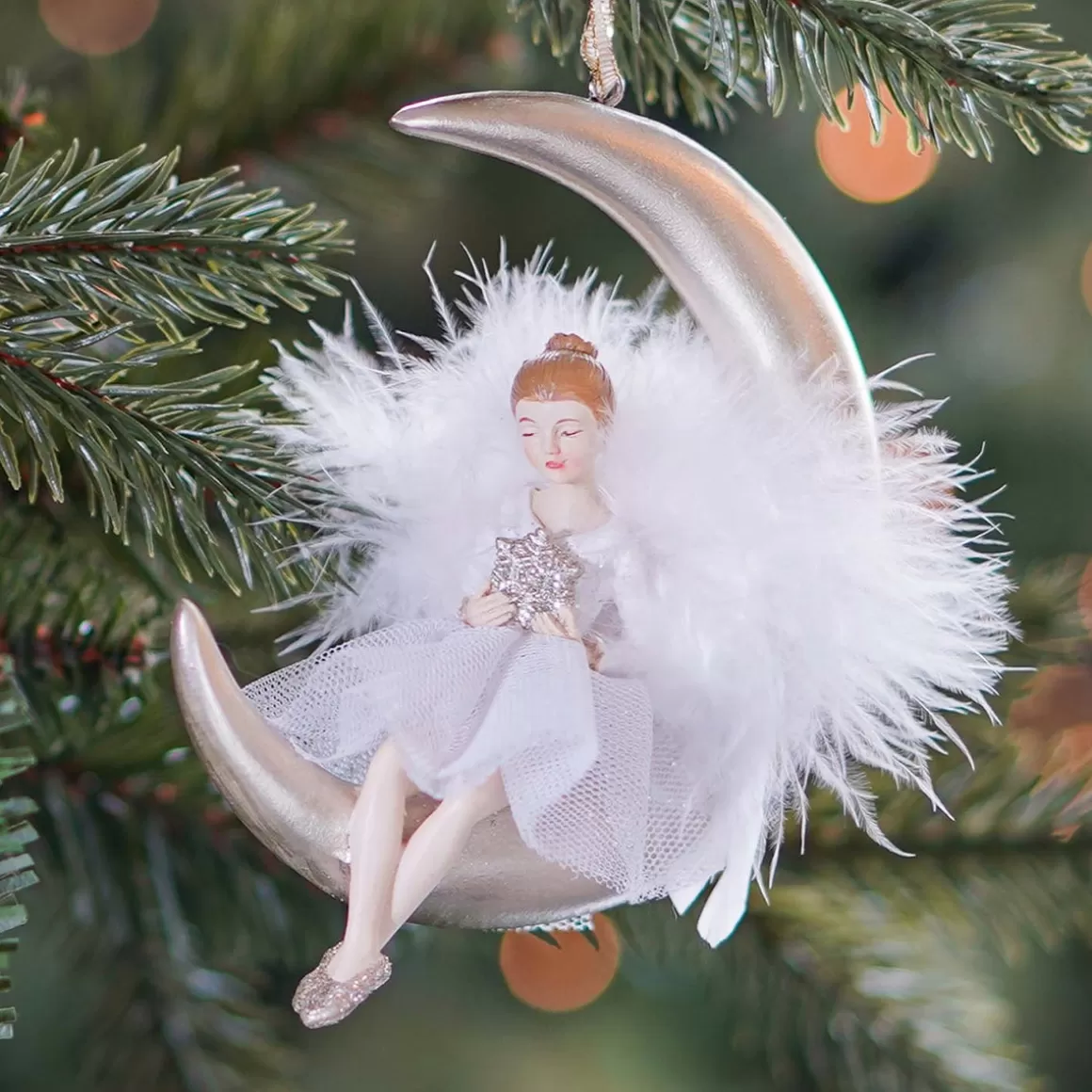 It's all about Christmas Christmas Figurines | Christmas Ornaments-Christmas Ornament Moon With Angel | Polyresin | 13cm