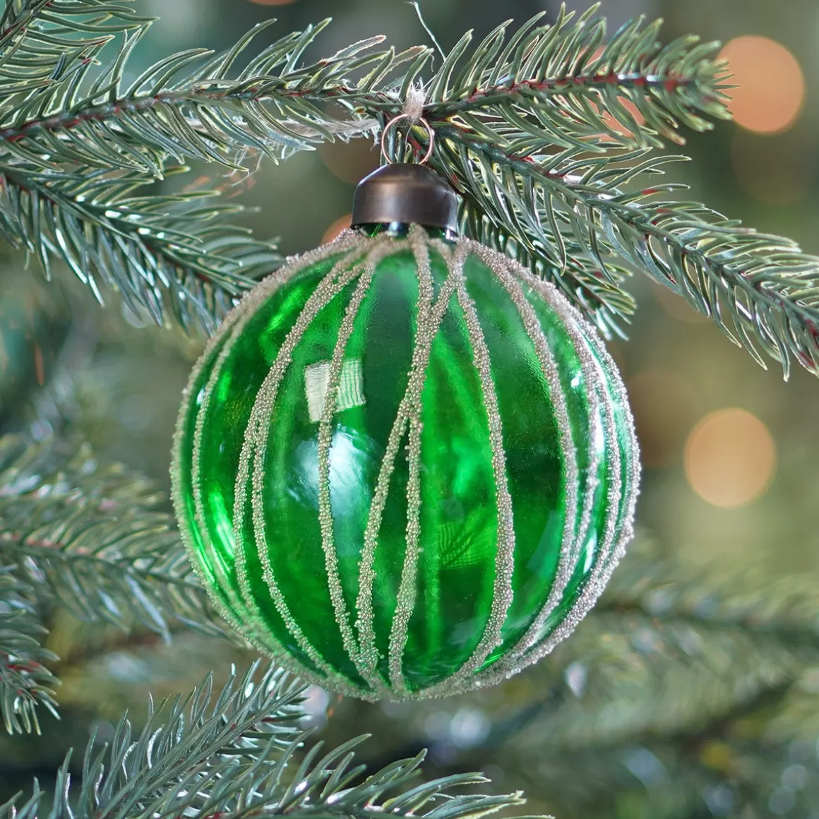 It's all about Christmas Christmas Baubles By Colour | Luxury Christmas Baubles-Clear Glass Bauble With Stripes | Dark Green | 8 Cm