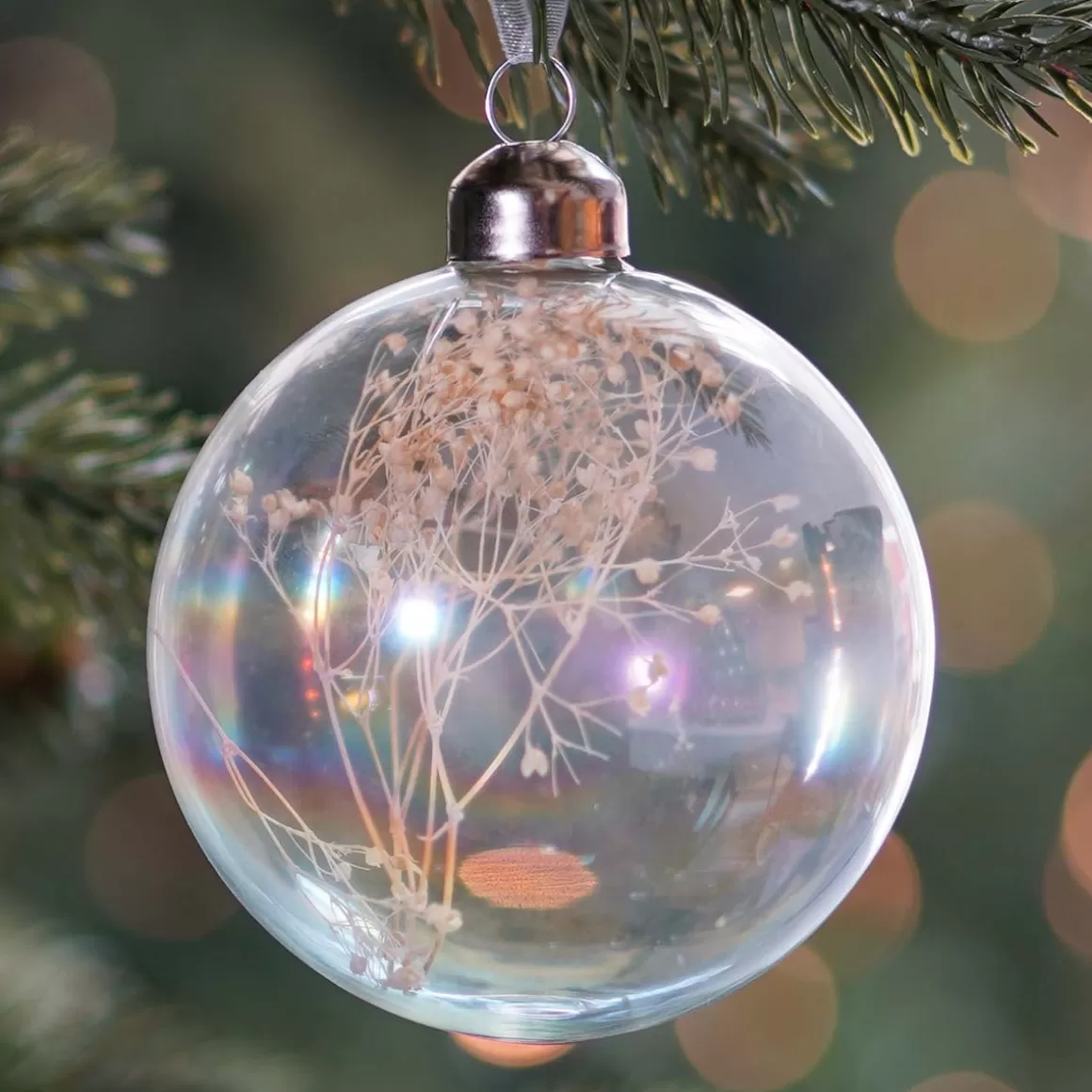 It's all about Christmas Christmas Baubles By Colour-Clear Glass Christmas Bauble With Dry Flowers 8cm