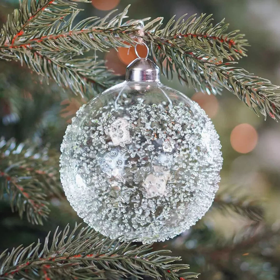 It's all about Christmas Christmas Baubles By Colour | Luxury Christmas Baubles-Clear Glass Christmas Baubles With Splinters 10cm Eucalyptus