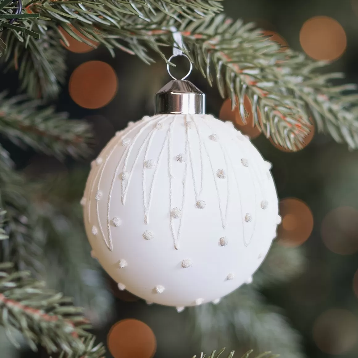 It's all about Christmas Christmas Baubles By Colour | Glass Christmas Baubles-Cozy Wool White Christmas Bauble With Glitters And Dots