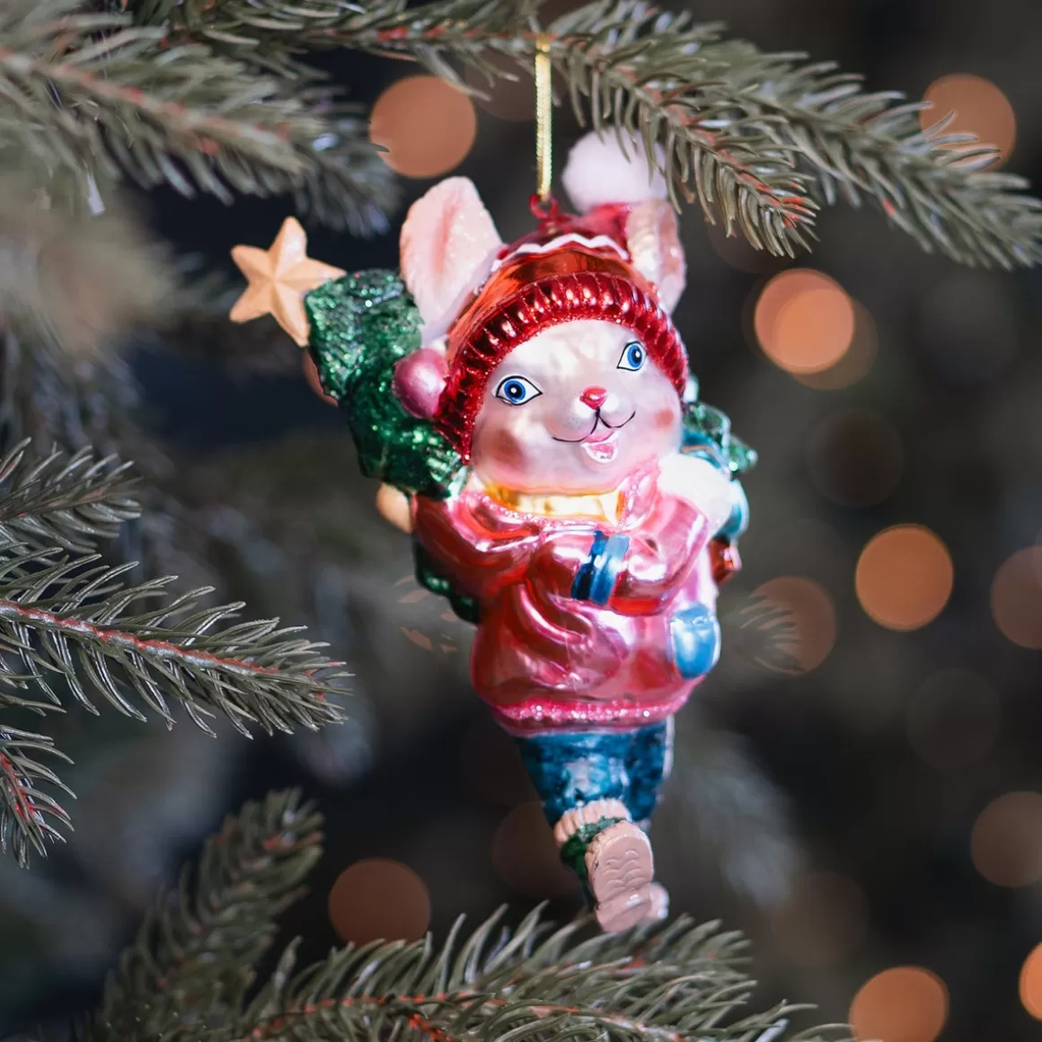 It's all about Christmas Christmastree Decorations Glass | Luxury Christmas Baubles-Cute Rabbit In Winter Outfit Ornament