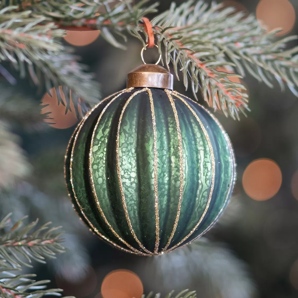 It's all about Christmas Christmastree Decorations Glass | Glass Christmas Baubles-Deep Green Christmas Bauble With Gold Glitter Stripes