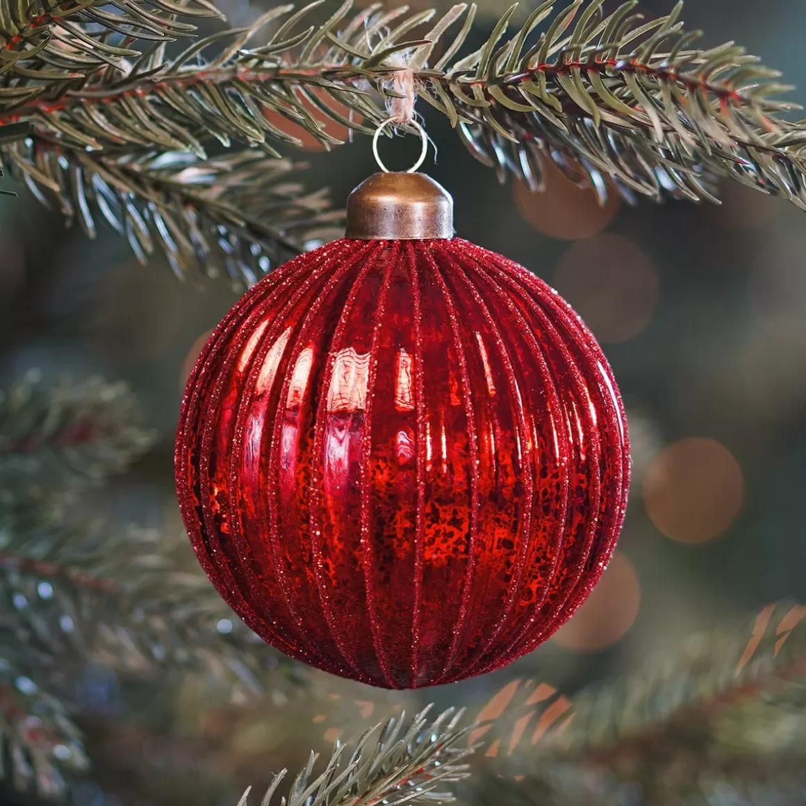 It's all about Christmas Christmas Baubles By Colour | Glass Christmas Baubles-Deep Red Crackle Christmas Bauble With Glitter Lines