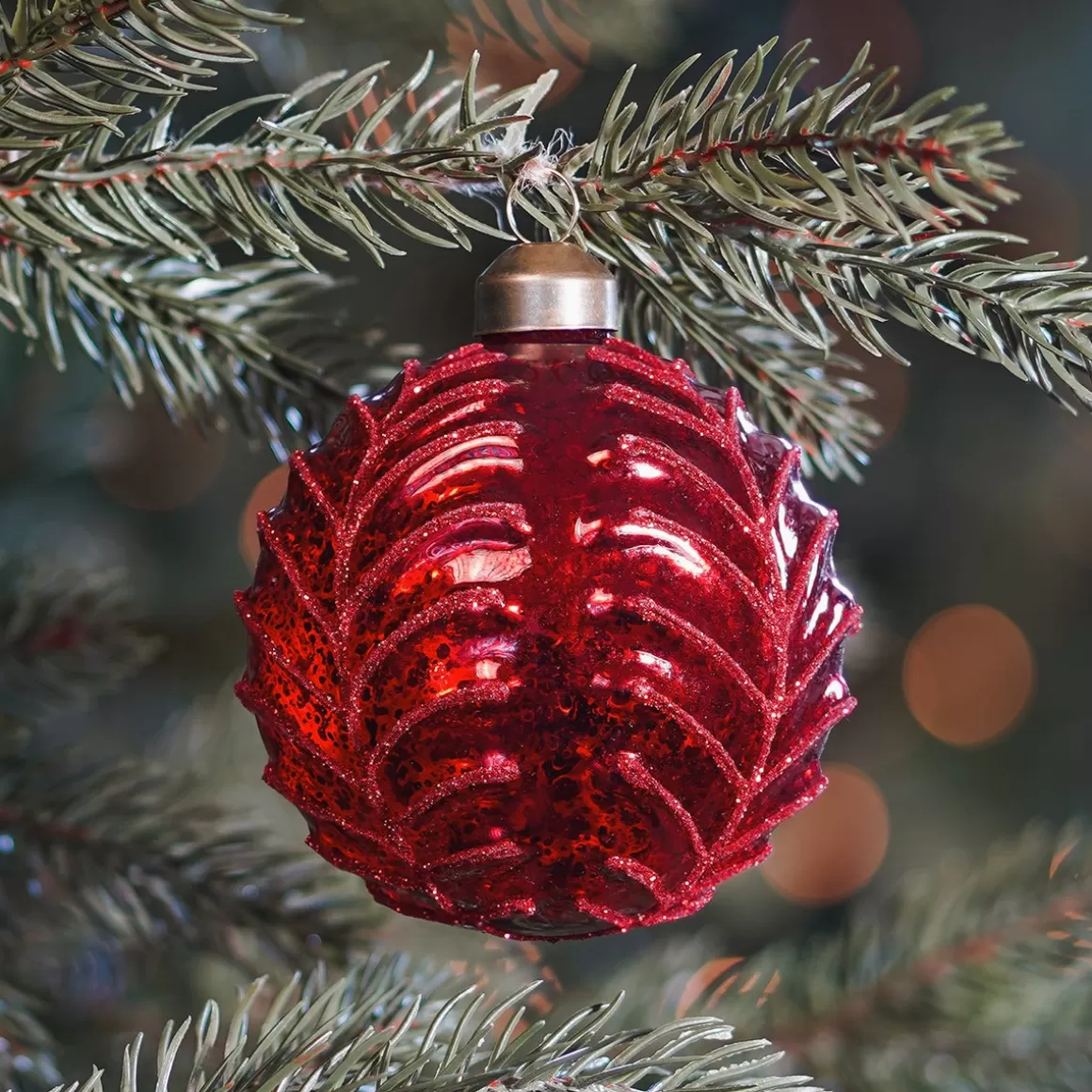 It's all about Christmas Christmas Baubles By Colour | Luxury Christmas Baubles-Deep Red Crackle Christmas Bauble With Leaf Motif