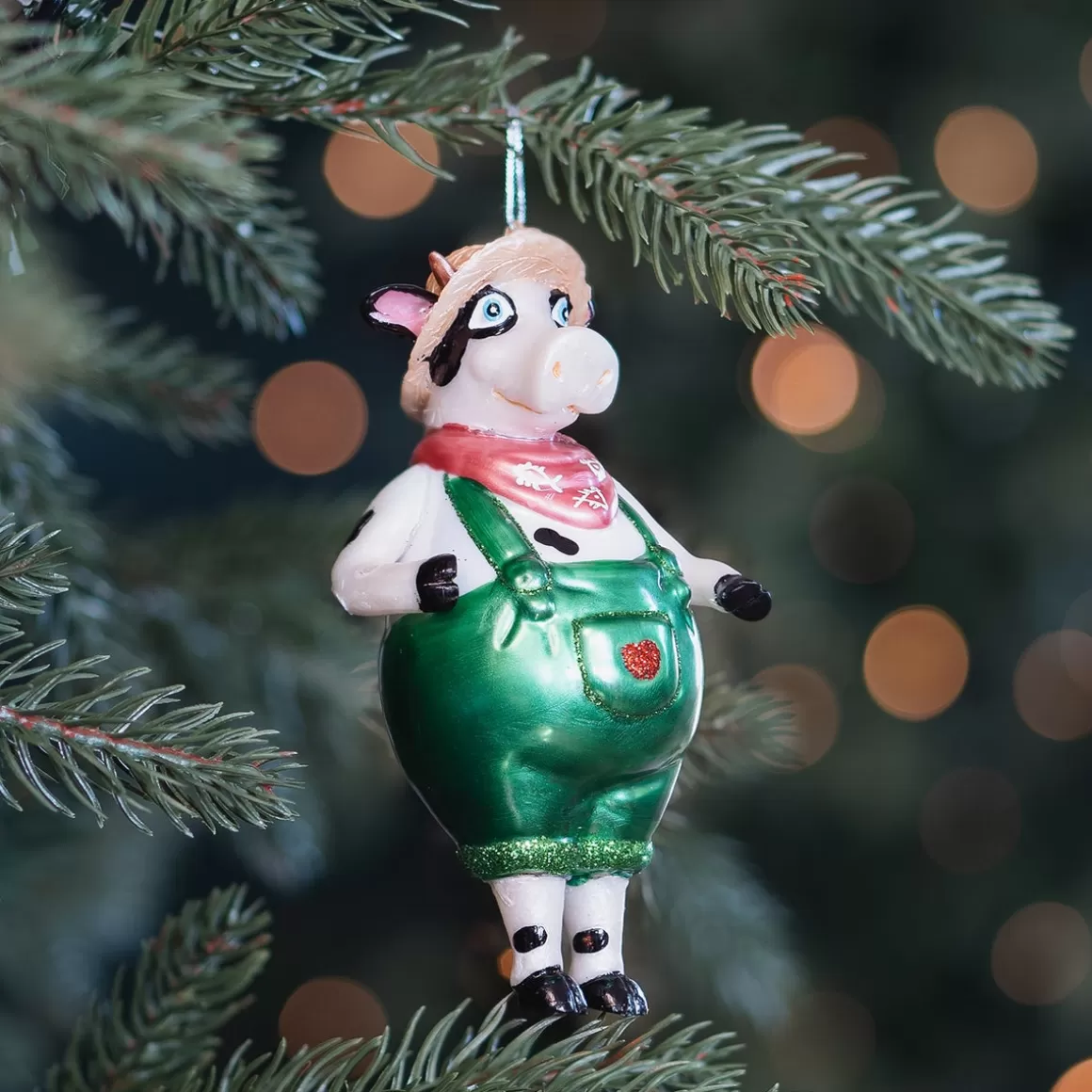 It's all about Christmas Christmas Ornaments | Christmastree Decorations Glass-Detailed Cow Ornament In Dungarees