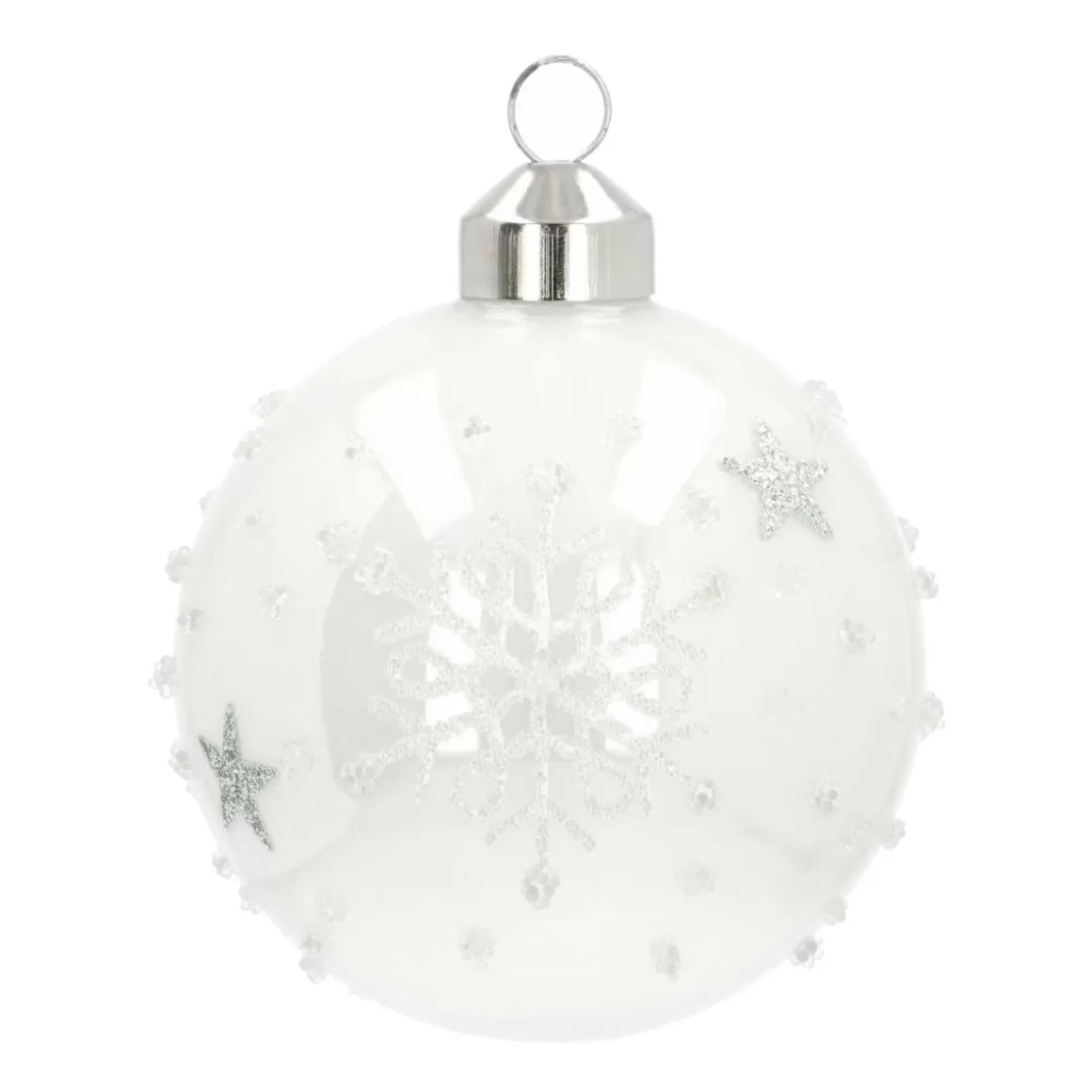 It's all about Christmas Christmas Baubles By Colour | Luxury Christmas Baubles-Elegant Glass Christmas Bauble Stars & Snow 8cm White