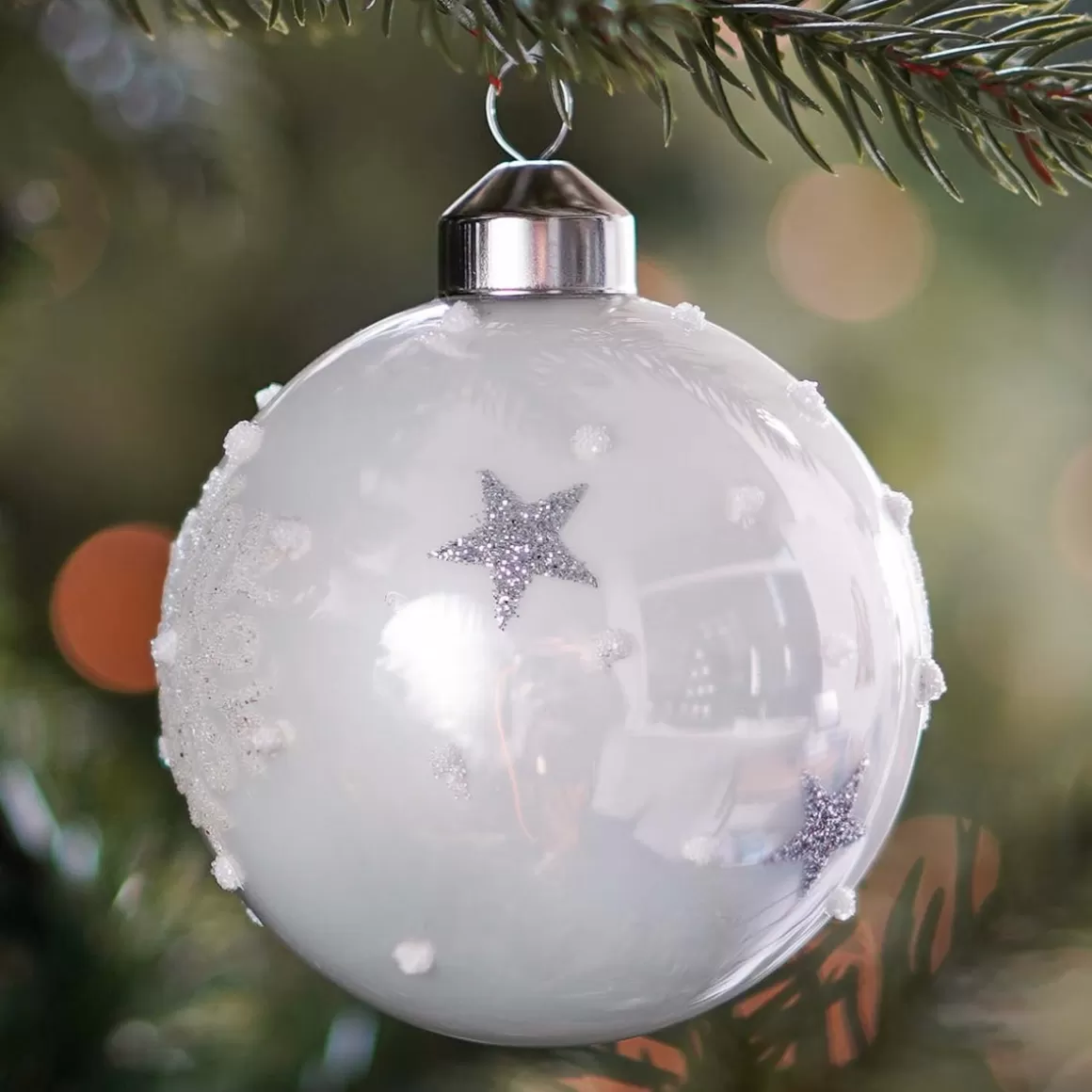 It's all about Christmas Christmas Baubles By Colour | Luxury Christmas Baubles-Elegant Glass Christmas Bauble Stars & Snow 8cm White