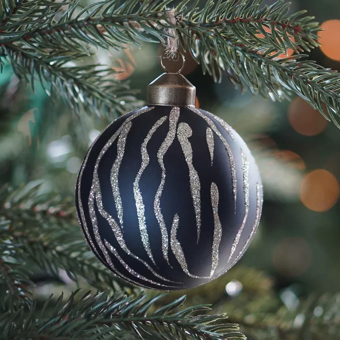 It's all about Christmas Christmas Baubles By Colour | Luxury Christmas Baubles-Elegant Glass Christmas Bauble Tiger Print 8cm Black