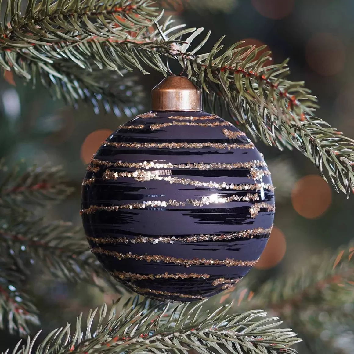 It's all about Christmas Christmas Baubles By Colour-Elegant Glass Christmas Bauble With Fine Lines 8cm Black-Champagne