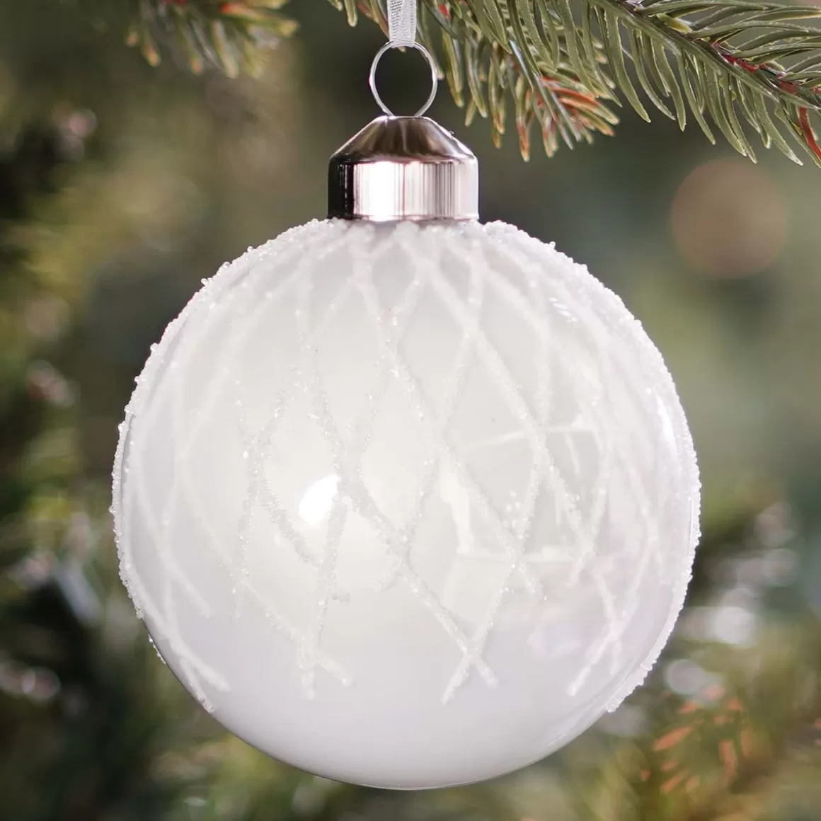 It's all about Christmas Christmas Baubles By Colour | Glass Christmas Baubles-Elegant Glass Christmas Bauble With Fine Lines 8cm White