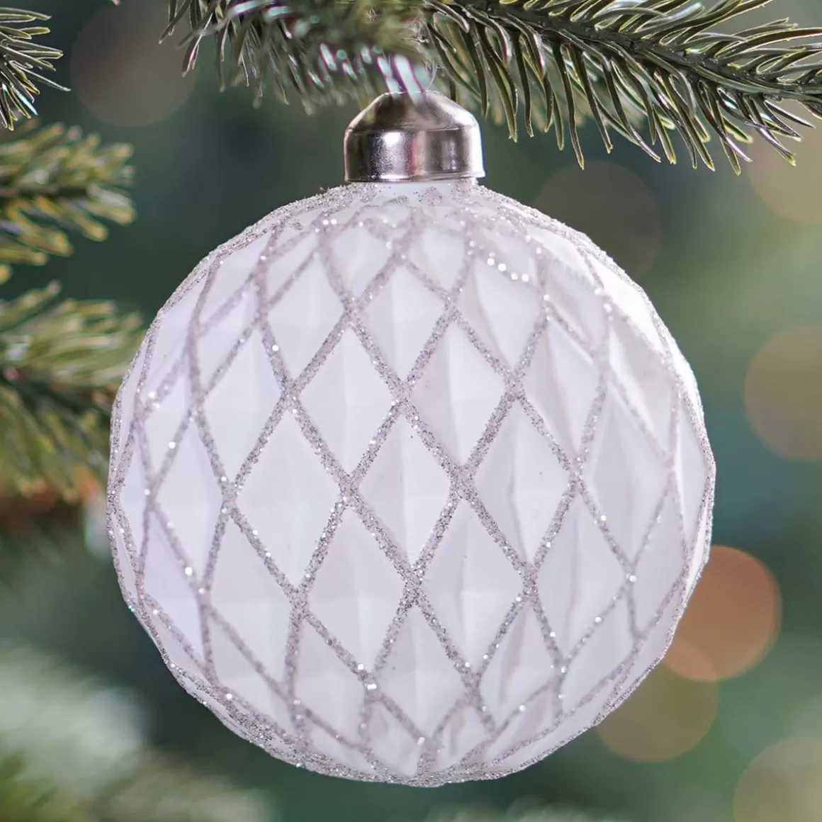 It's all about Christmas Christmas Baubles By Colour | Glass Christmas Baubles-Glass Bauble Diamonds | White | 8 Cm