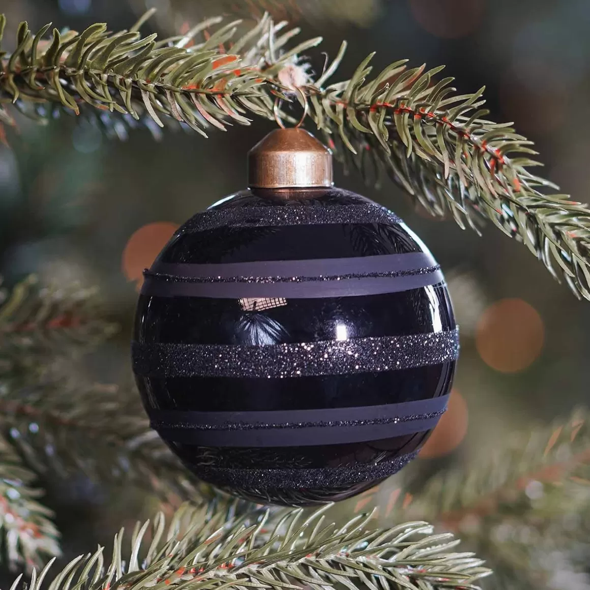 It's all about Christmas Christmas Baubles By Colour | Luxury Christmas Baubles-Glass Bauble Glitter Stripes | Black | 8 Cm