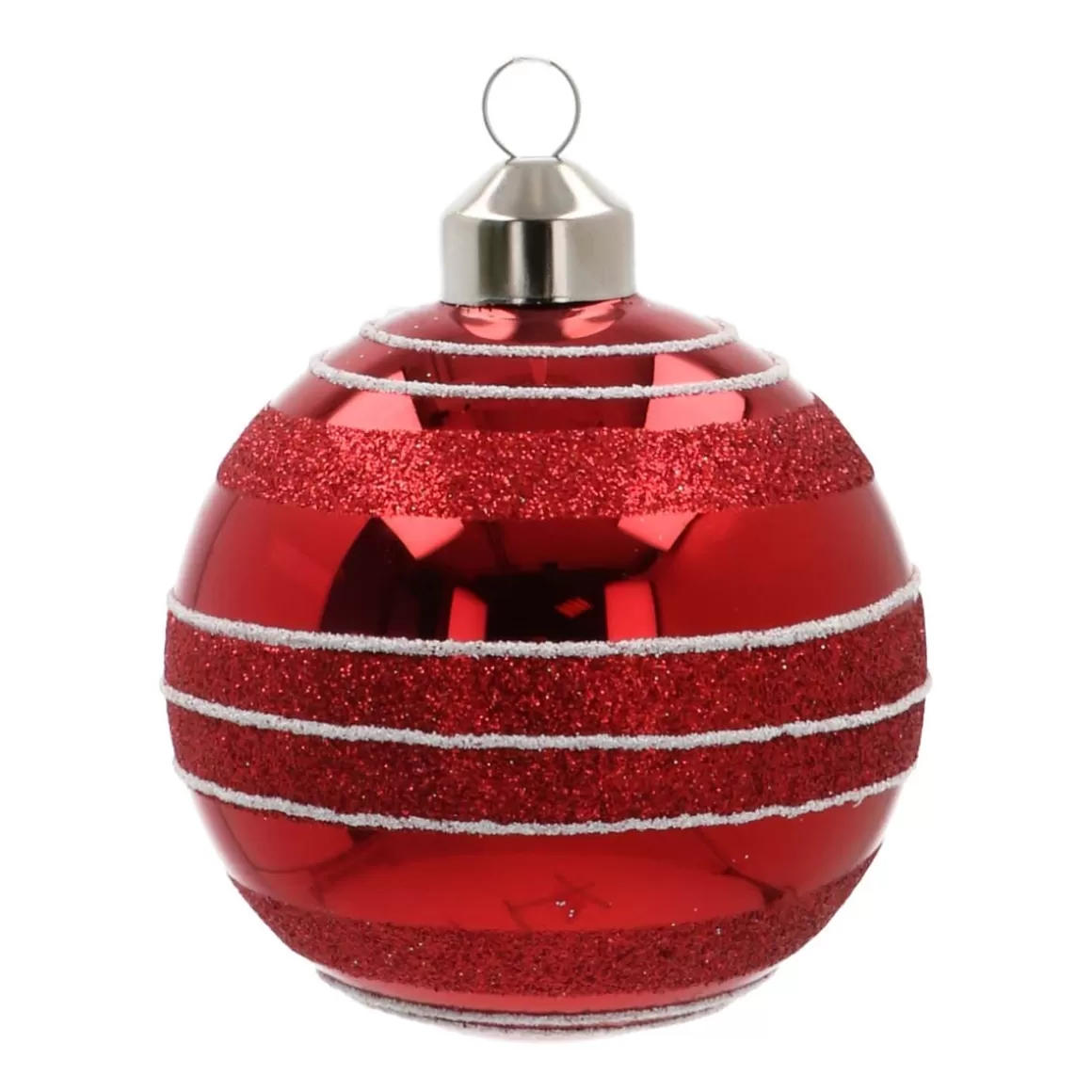 It's all about Christmas Christmas Baubles By Colour | Glass Christmas Baubles-Glass Bauble Glitter Stripes | Red | 8 Cm