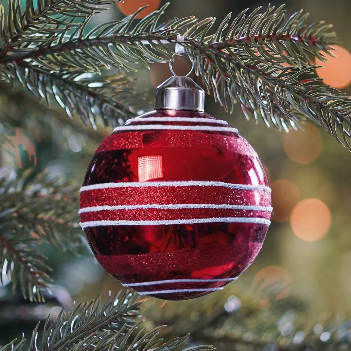 It's all about Christmas Christmas Baubles By Colour | Glass Christmas Baubles-Glass Bauble Glitter Stripes | Red | 8 Cm