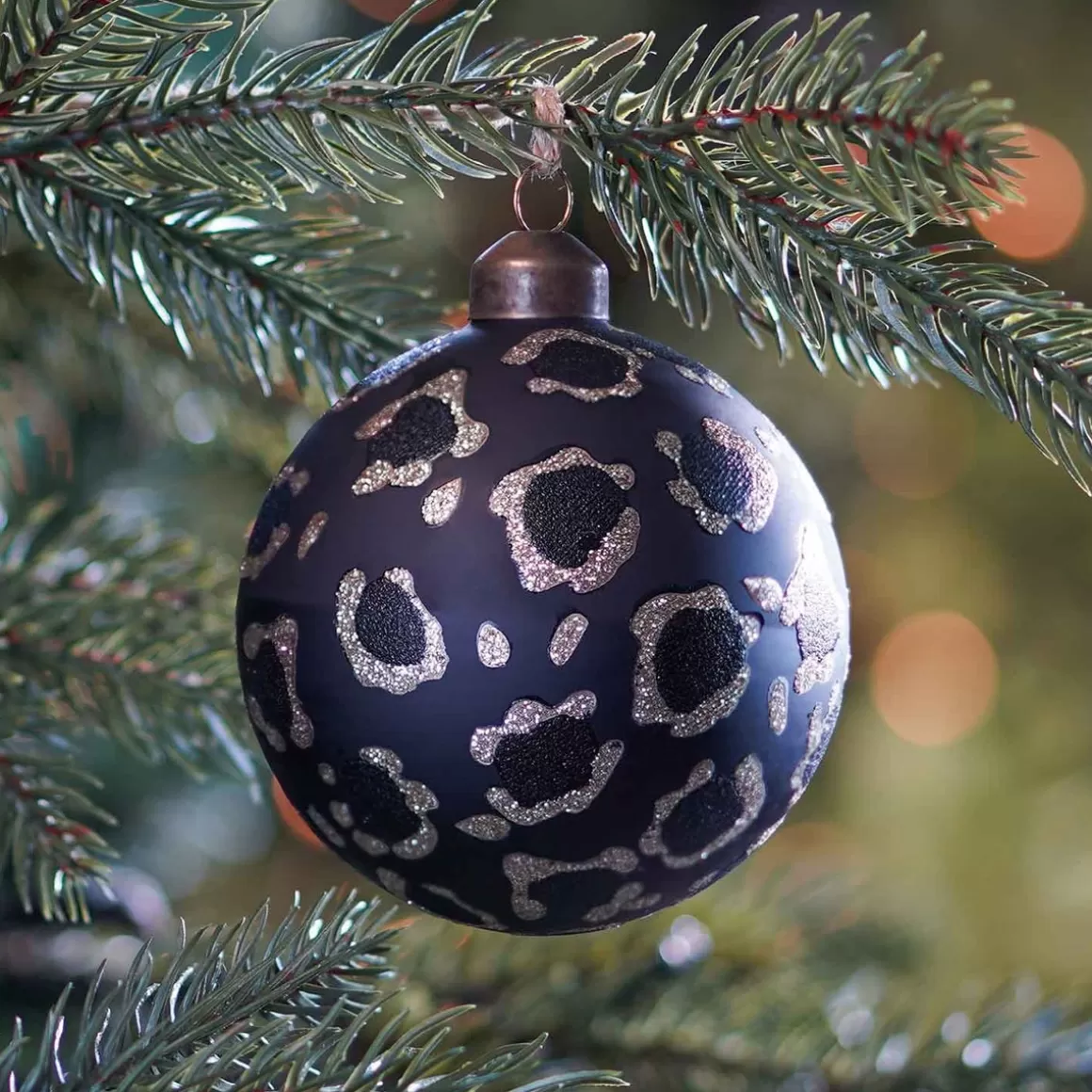 It's all about Christmas Christmas Baubles By Colour | Luxury Christmas Baubles-Glass Bauble Leopard Print | Black | 8 Cm