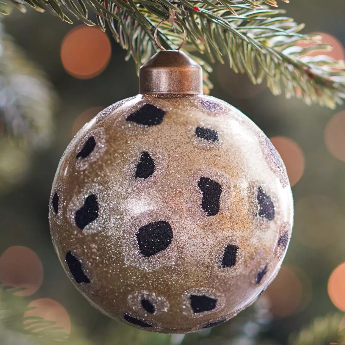 It's all about Christmas Christmas Baubles By Colour | Luxury Christmas Baubles-Glass Bauble Leopard Print | Champagne Glitter | 8 Cm