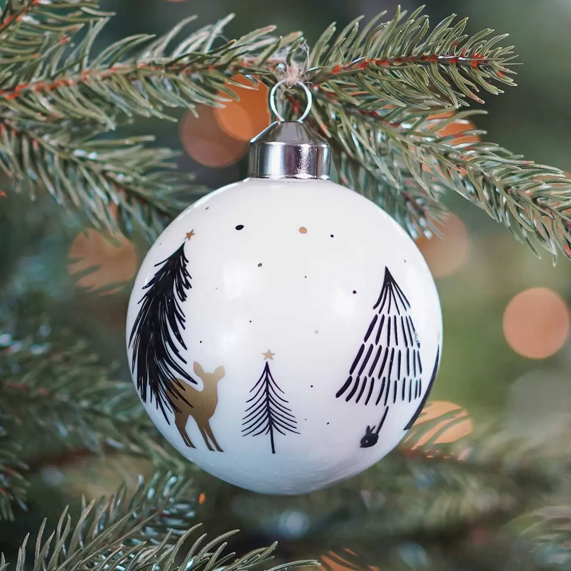 It's all about Christmas Christmas Baubles By Colour | Glass Christmas Baubles-Glass Bauble With Fir Print Tannen-Print | White | 8 Cm