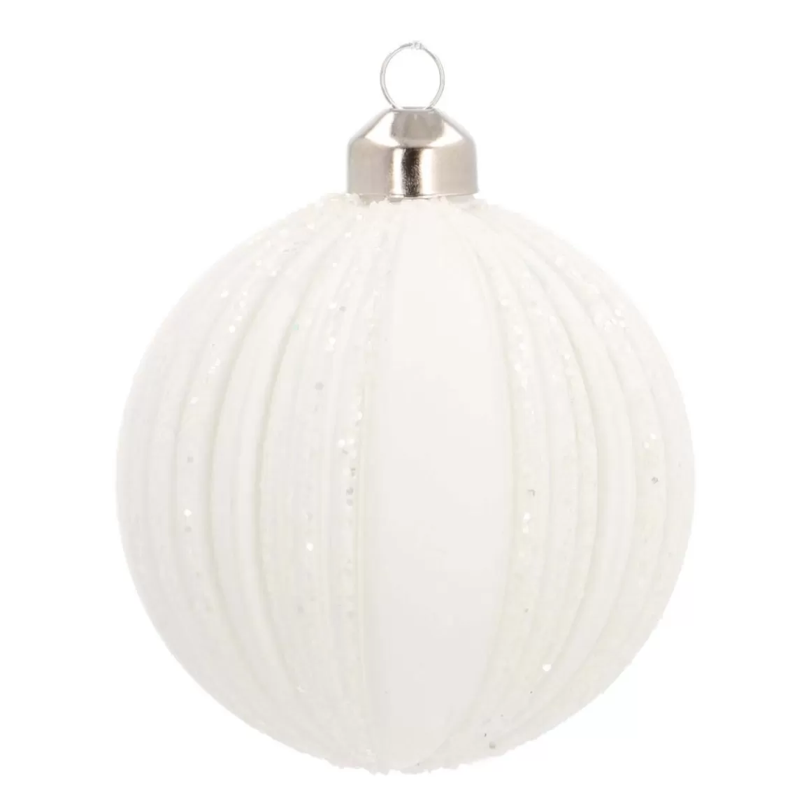 It's all about Christmas Christmas Baubles By Colour | Luxury Christmas Baubles-Glass Bauble With Glitter Stripes | White | 8 Cm