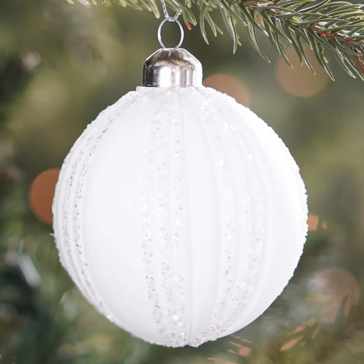 It's all about Christmas Christmas Baubles By Colour | Luxury Christmas Baubles-Glass Bauble With Glitter Stripes | White | 8 Cm