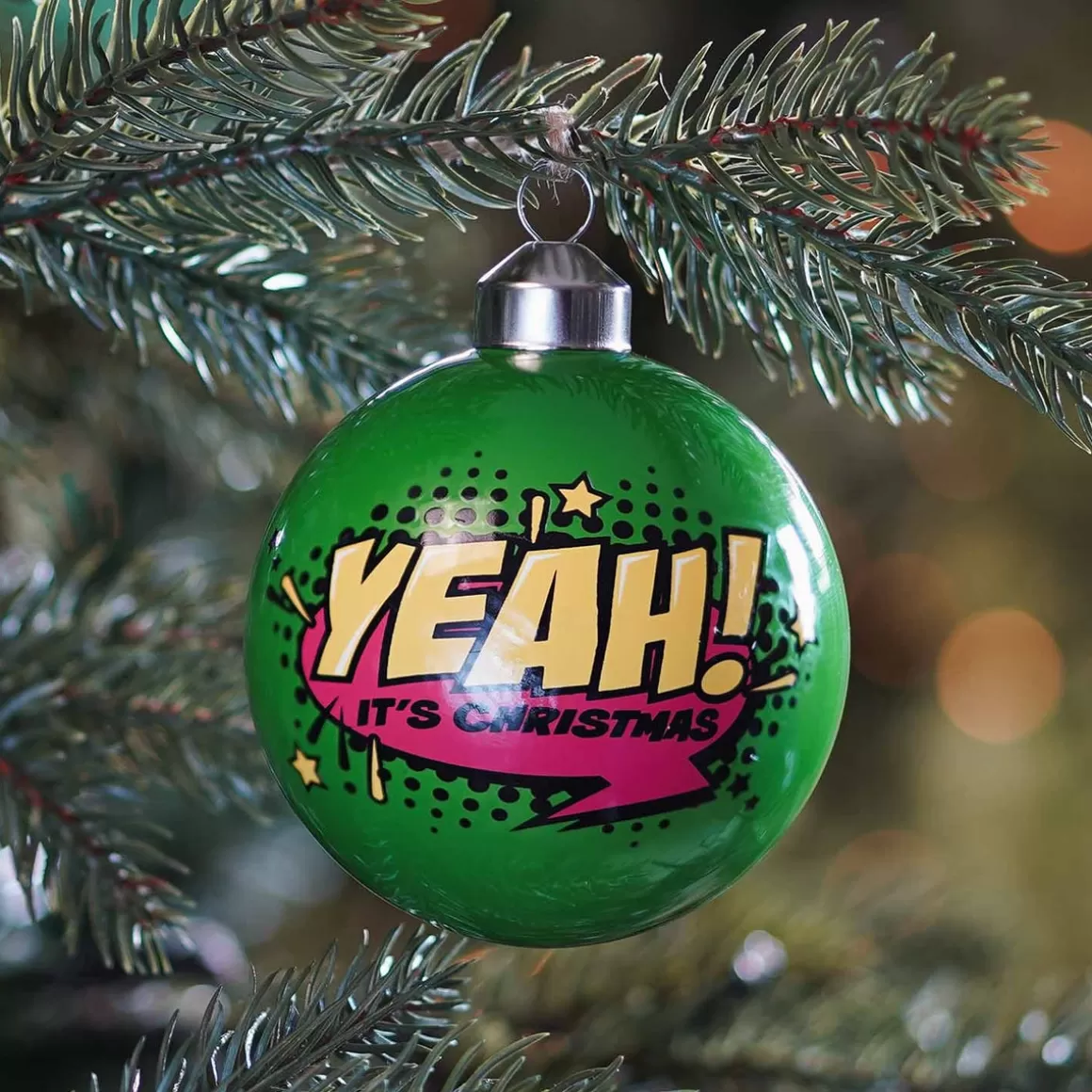 It's all about Christmas Christmas Ornaments | Funny Christmas Baubles-Glass Christmas Bauble "Yeah" | Glass | Green | 8 Cm