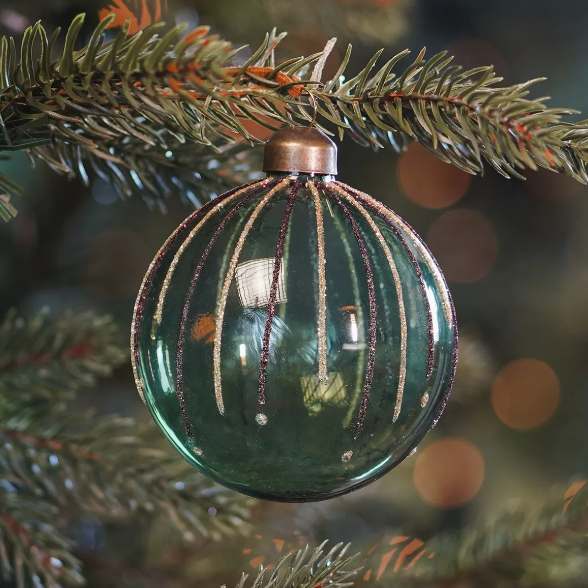 It's all about Christmas Christmas Baubles By Colour | Glass Christmas Baubles-Green Christmas Bauble With Glitter Lines