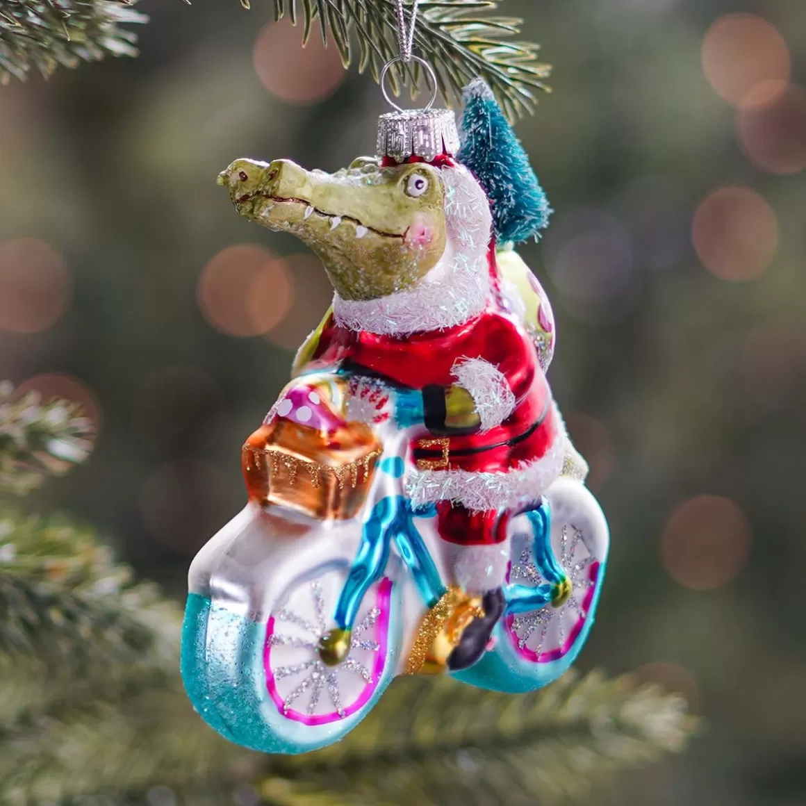 It's all about Christmas Christmas Ornaments-Hanger Crocodile On Bike Multicoloured Glass 13 Cm