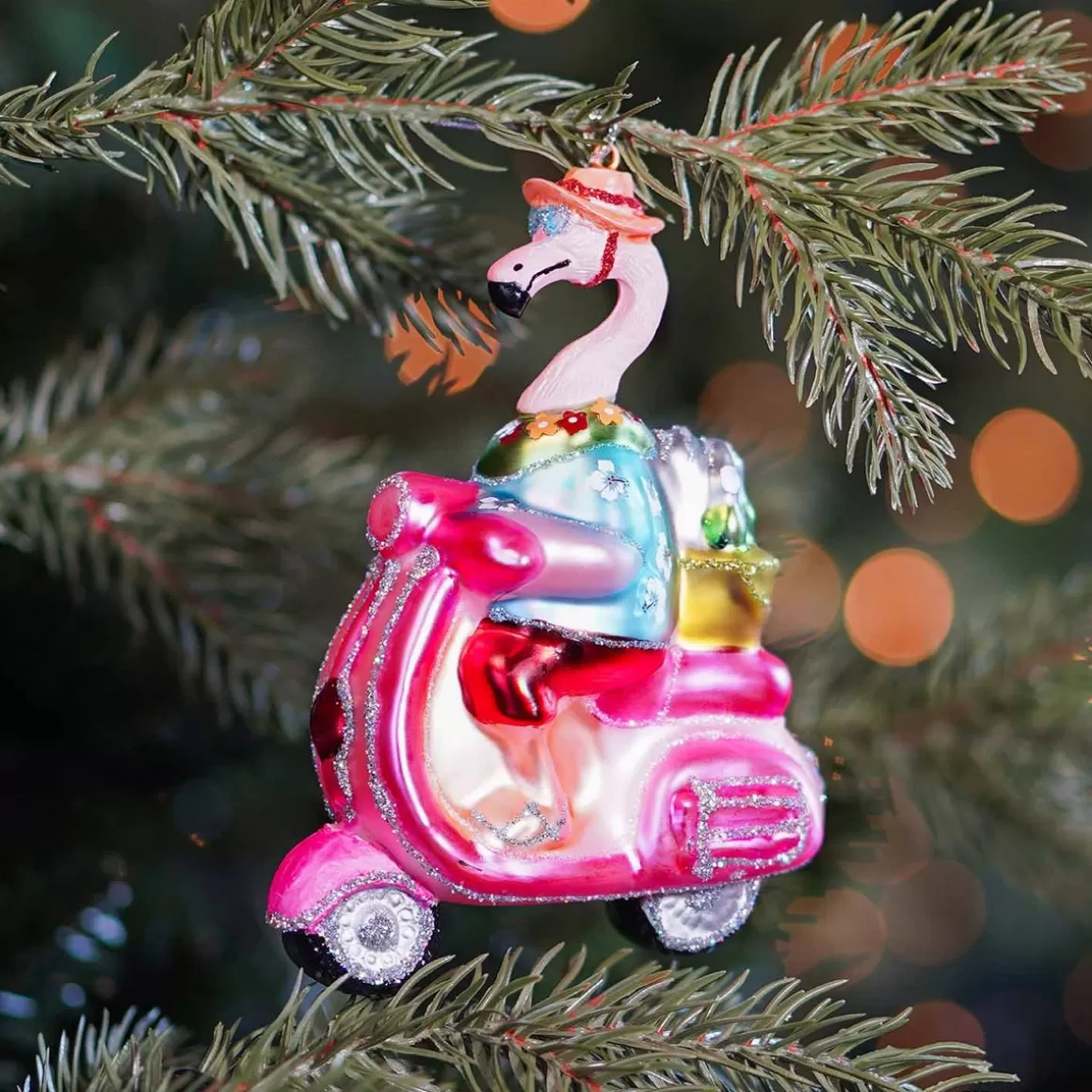 It's all about Christmas Christmas Ornaments-Hanger Flamingo On Scooter Multicoloured Glass 13 Cm