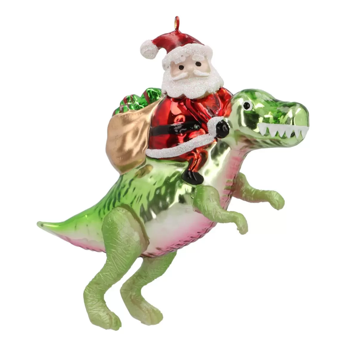 It's all about Christmas Christmas Ornaments-Hanger Santa On T. Rex Red Green Glass 13 Cm