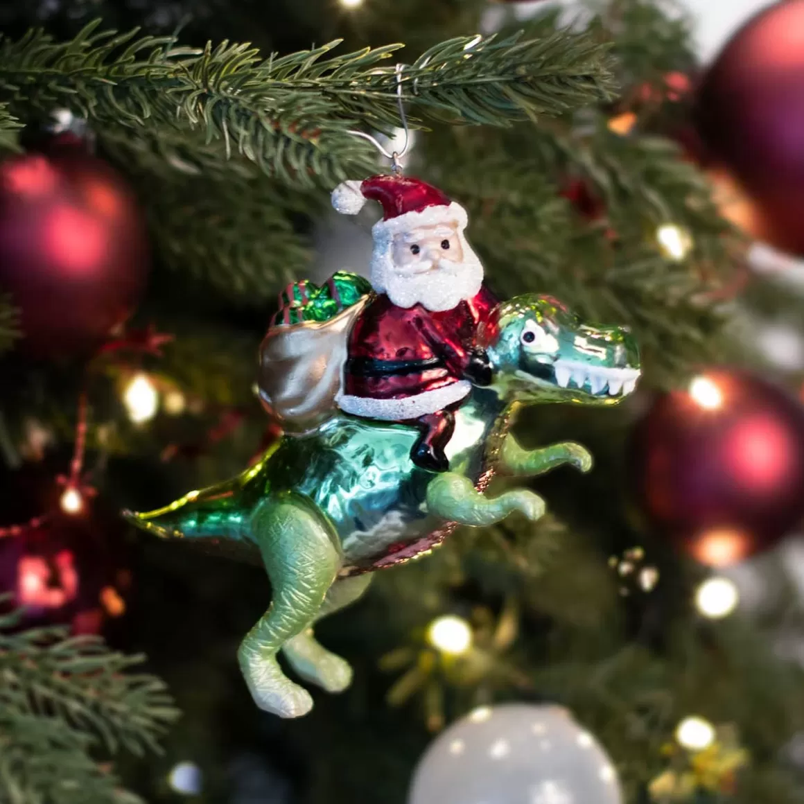 It's all about Christmas Christmas Ornaments-Hanger Santa On T. Rex Red Green Glass 13 Cm