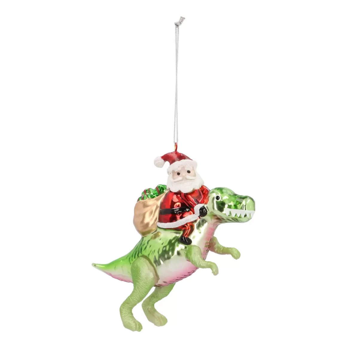 It's all about Christmas Christmas Ornaments-Hanger Santa On T. Rex Red Green Glass 13 Cm