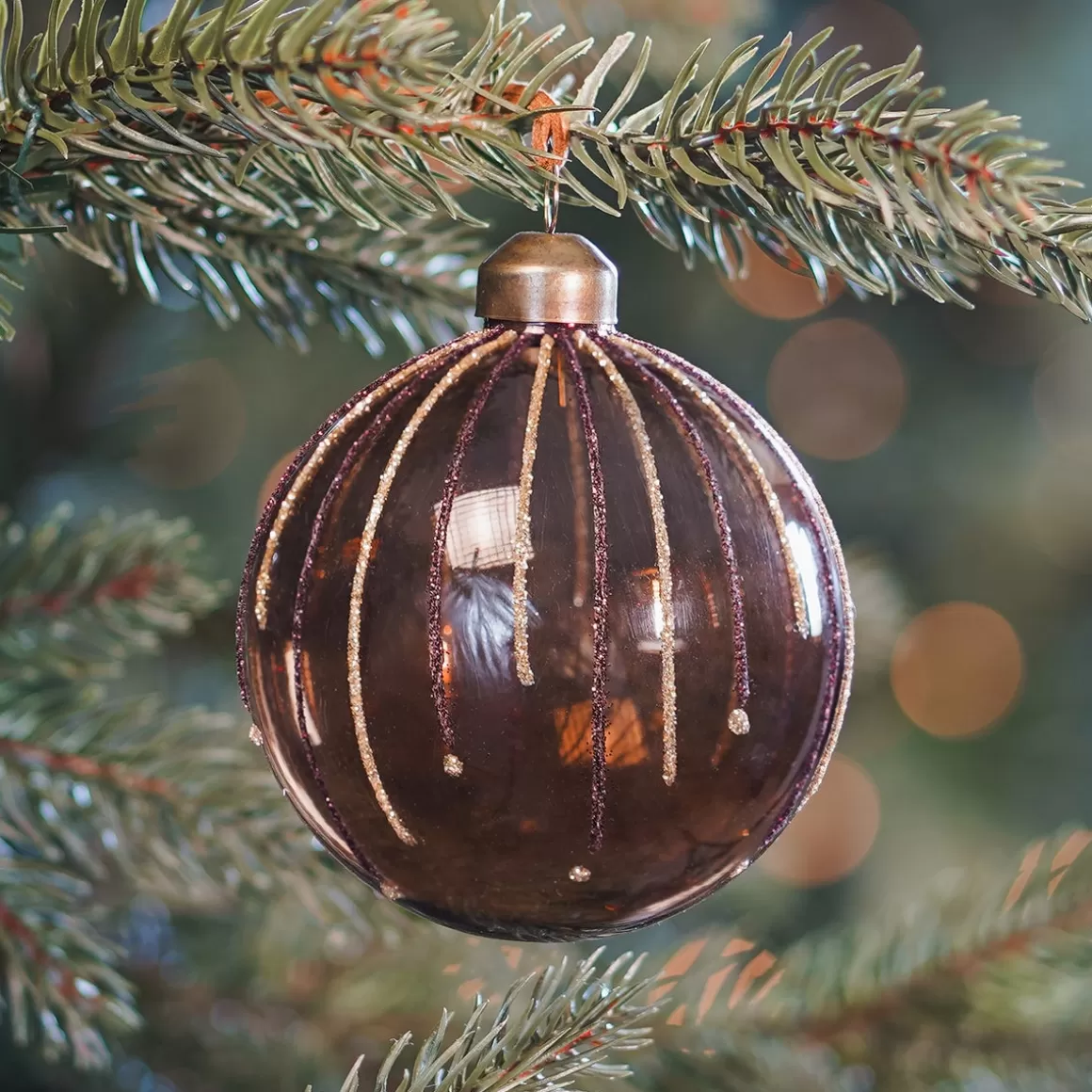 It's all about Christmas Christmas Baubles By Colour | Glass Christmas Baubles-Light Brown Christmas Bauble With Glitter Lines