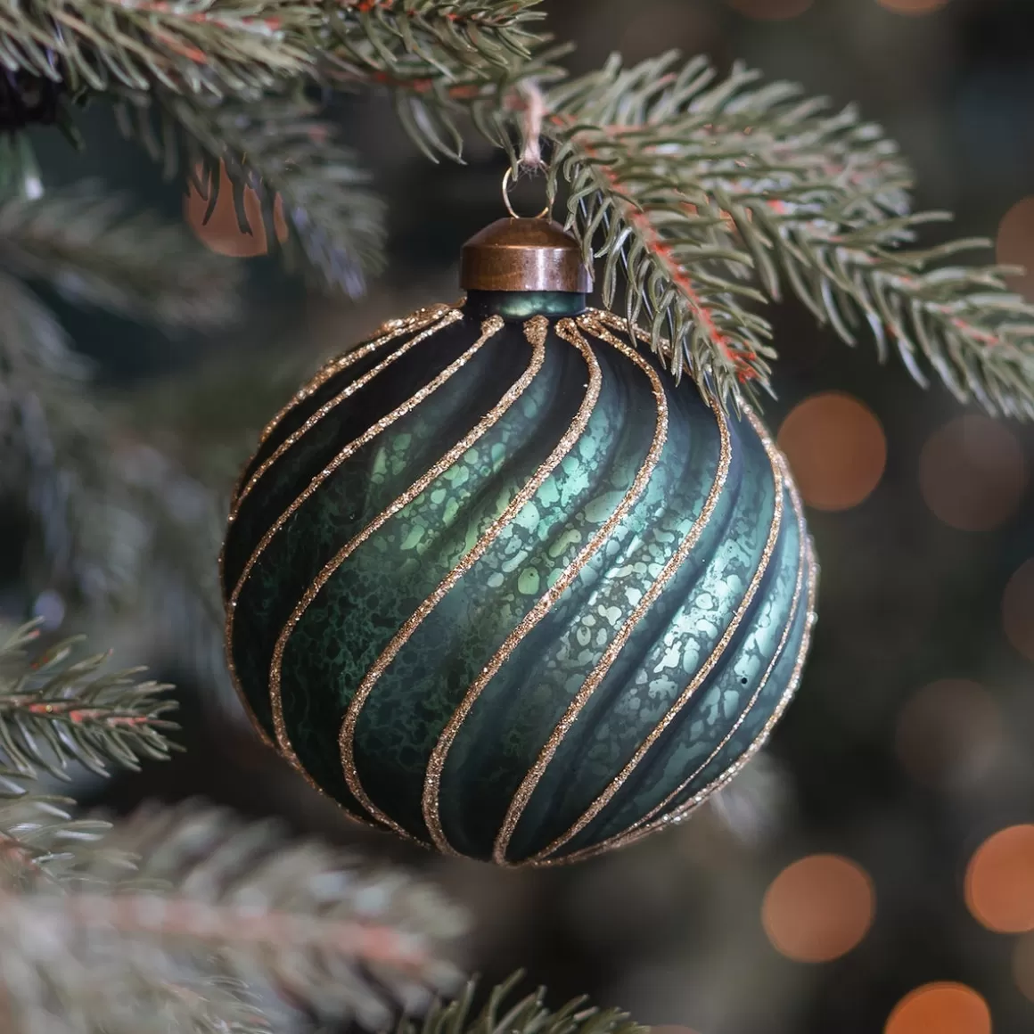 It's all about Christmas Extraordinary Baubles | Christmas Baubles By Colour-Luxury Antique Swirl Bauble | Glass | Green-Gold | 10cm