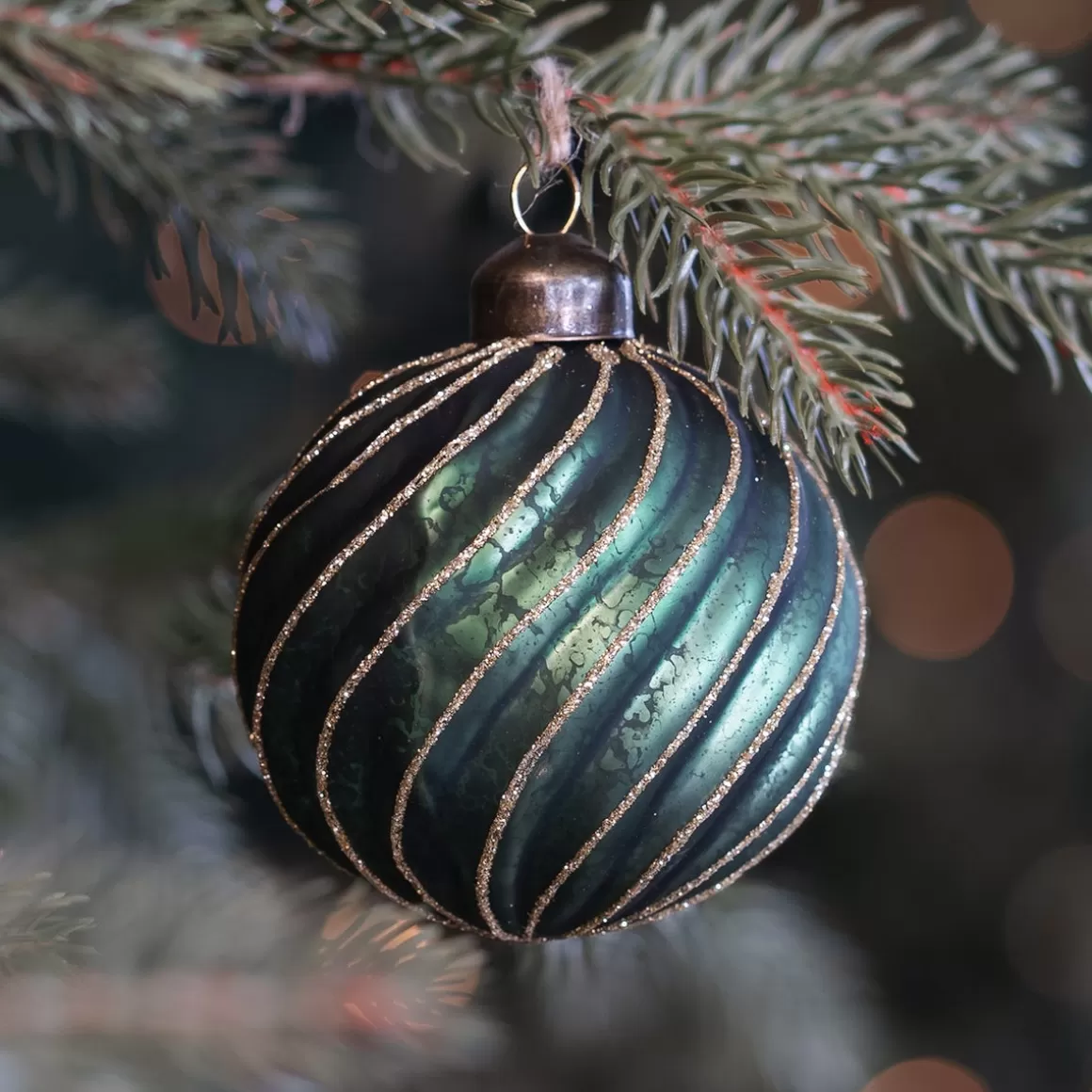 It's all about Christmas Christmas Baubles By Colour | Luxury Christmas Baubles-Luxury Antique Swirl Bauble | Glass | Green-Gold | 8cm