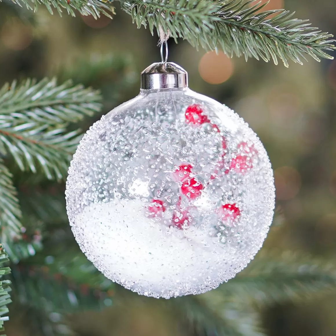 It's all about Christmas Extraordinary Baubles | Luxury Christmas Baubles-Luxury Christmas Bauble Frost Effect With Berry Branch | Transparent | Glass | 10cm