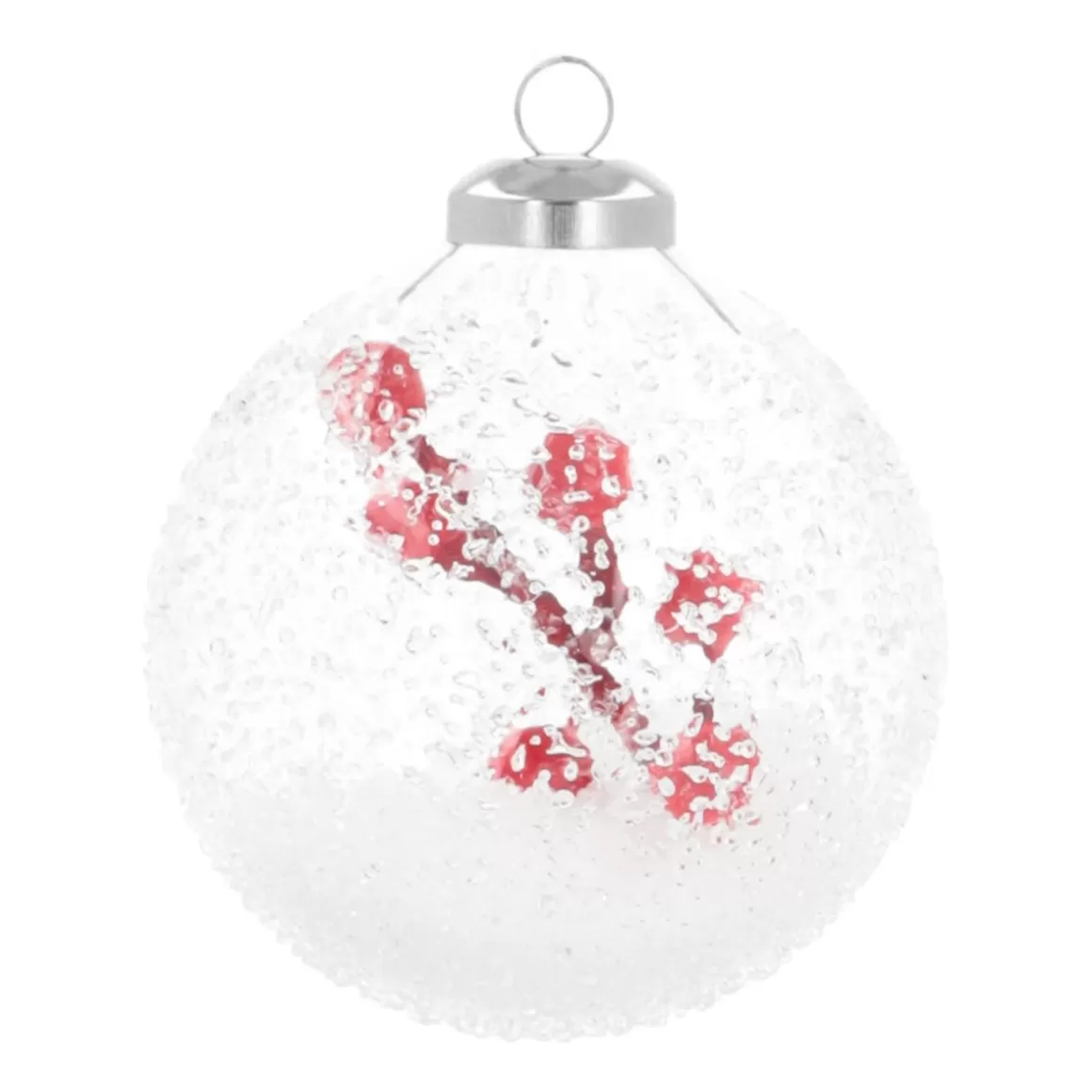 It's all about Christmas Extraordinary Baubles | Christmas Baubles By Colour-Luxury Christmas Bauble Frost Effect With Berry Branch | Transparent | Glass | 8cm