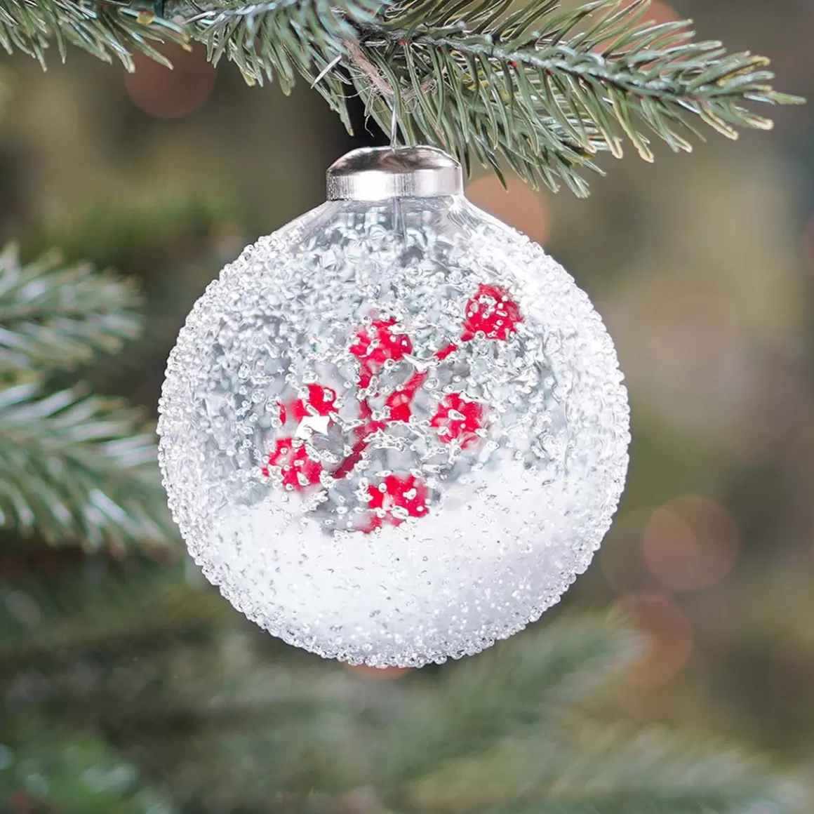 It's all about Christmas Extraordinary Baubles | Christmas Baubles By Colour-Luxury Christmas Bauble Frost Effect With Berry Branch | Transparent | Glass | 8cm