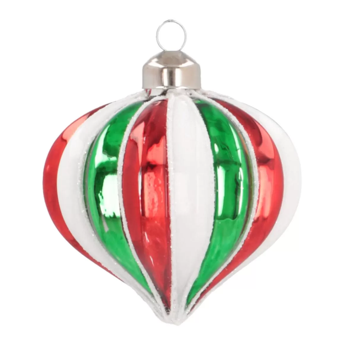 It's all about Christmas Christmas Baubles By Colour | Glass Christmas Baubles-Luxury Christmas Bauble In Onion Shape Striped With Glitter | Red-Green-White | Glass | 8cm