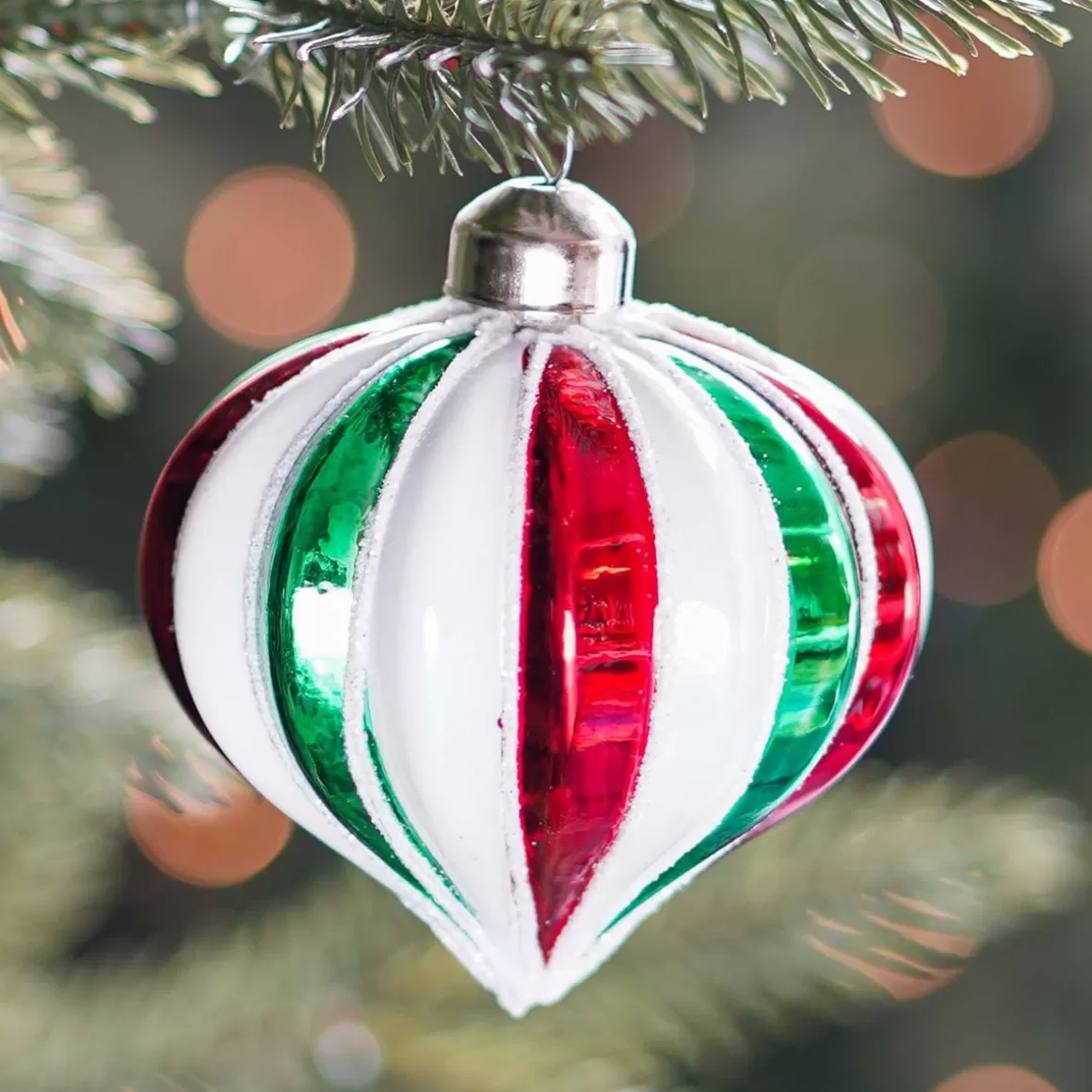 It's all about Christmas Christmas Baubles By Colour | Glass Christmas Baubles-Luxury Christmas Bauble In Onion Shape Striped With Glitter | Red-Green-White | Glass | 8cm