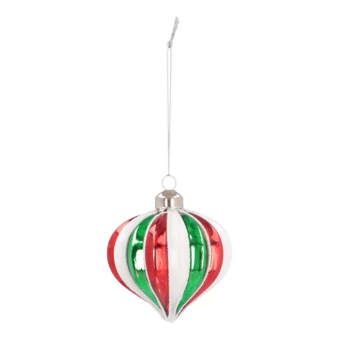 It's all about Christmas Christmas Baubles By Colour | Glass Christmas Baubles-Luxury Christmas Bauble In Onion Shape Striped With Glitter | Red-Green-White | Glass | 8cm