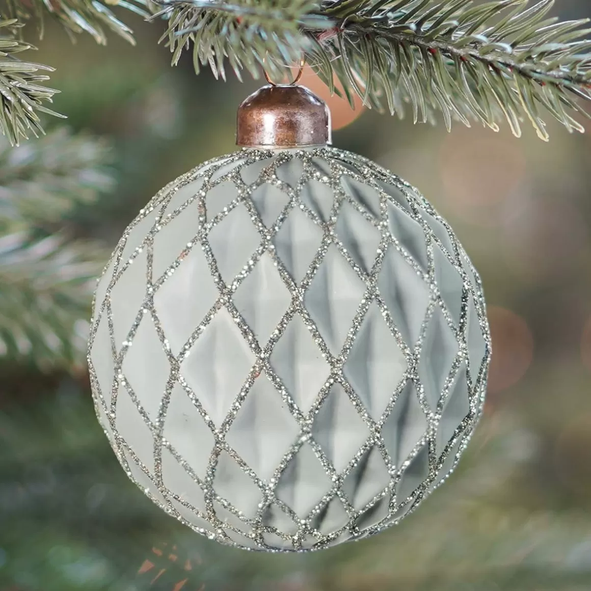 It's all about Christmas Christmas Baubles By Colour | Luxury Christmas Baubles-Luxury Christmas Bauble Matte With Relief Check Pattern | Cottage-Green | Glass | 8cm