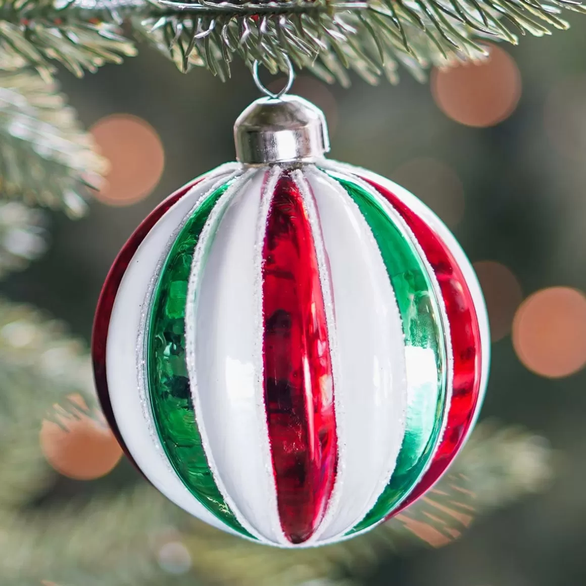 It's all about Christmas Extraordinary Baubles | Luxury Christmas Baubles-Luxury Christmas Bauble Striped With Glitter | Red-Green-White | Glass | 8cm