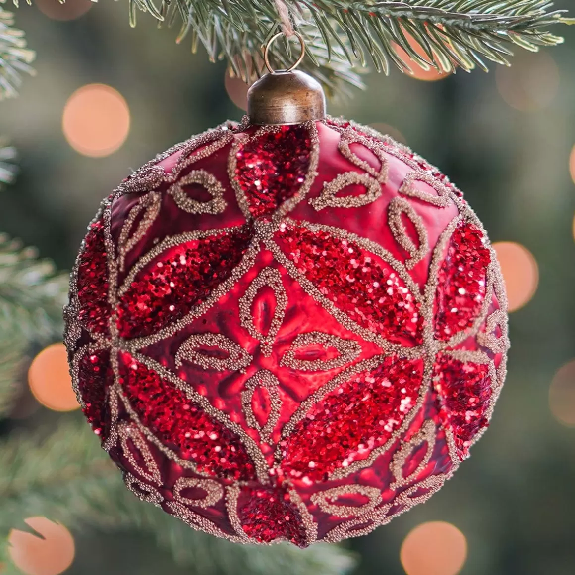 It's all about Christmas Christmas Baubles By Colour | Glass Christmas Baubles-Luxury Christmas Bauble With Flower Relief | Red | Glass | 10cm